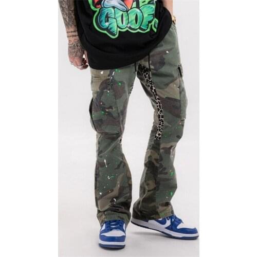 High Street Distressed Washed Trousers Multi Pockets Splash-ink Camouflage Overalls Mens Leopard Print Patchwork Casual Pants