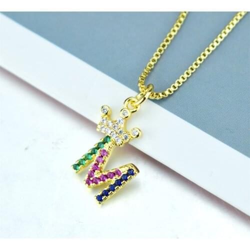 New Mini Rainbow Zircon A-Z Crown Alphabet Pendant Chain Necklace Punk Hip-Hop Style Fashion Woman Man Initial Name Jewelry