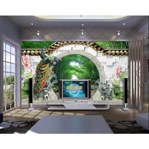 Wall papers home decor Fantasy 3d spring bamboo forest arches brick wall peacock peony photo wall mural wallpaper
