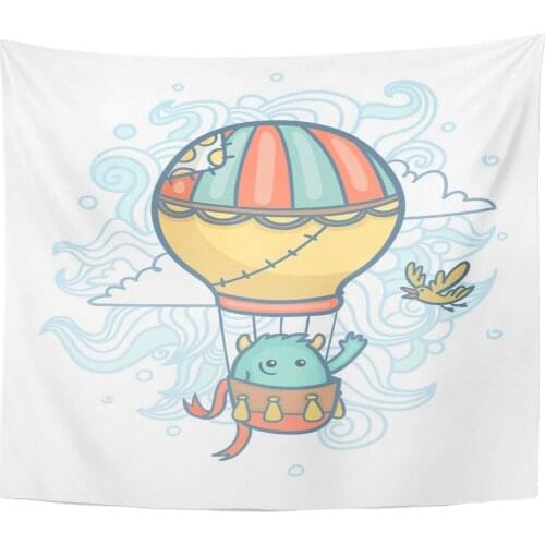 Adventure Cartoon Cute Monster Flying in Hot Air Balloon Activity Aircraft Home Decor Tapestry Wall Hanging for Living Room