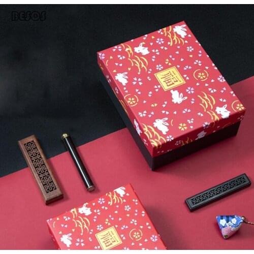 Japanese And Style Red Pink Ground Rabbit Cat Cloud Carp Flag Pattern Festival Party Silk Scarf Perfume Lipstick Tea Cup Exquisite Gift Box B059D