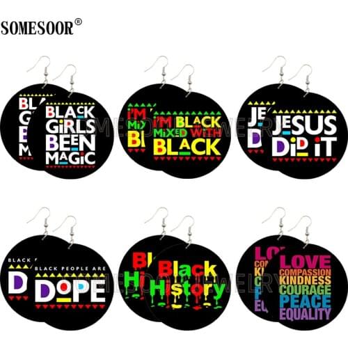 SOMESOOR Mixed 6 Pairs Sale Black Girls Benn Magic Jesus Did It Slogan Wooden Both Sides Printing Dangle Earrings For Women