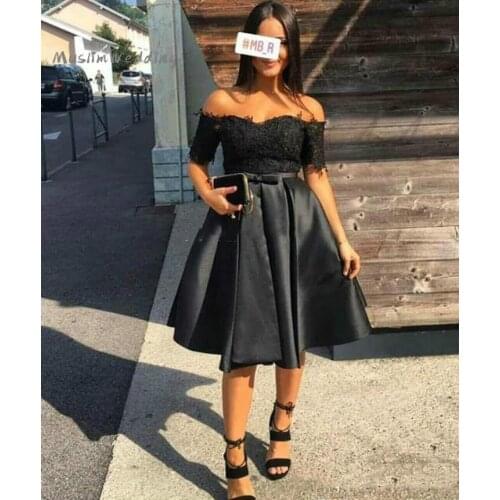 Modern Black Short Prom Dresses With Sleeve A Line Satin Women Night Party Evening Dress 2020 Cheap Lace Formal Women Dresses