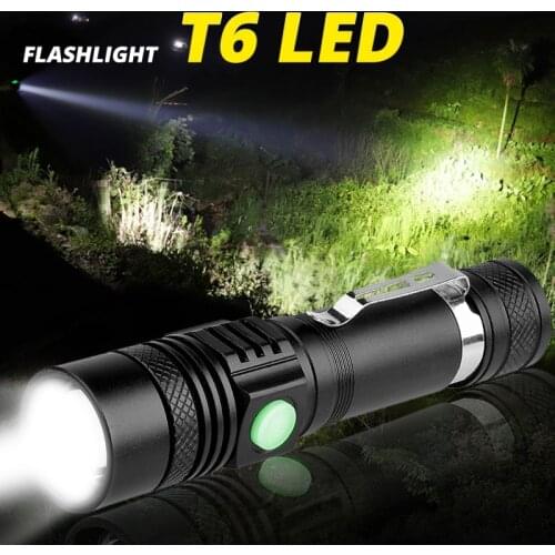 Super bright LED flashlight T6 Zoomable outdoor bicycle pen holder torch USB rechargeable use 18650 battery