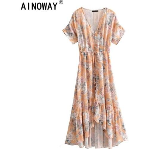 Vintage chic women ethnic floral print tie beach Bohemian Maxi dress Ladies short sleeve Boho dress vestidos