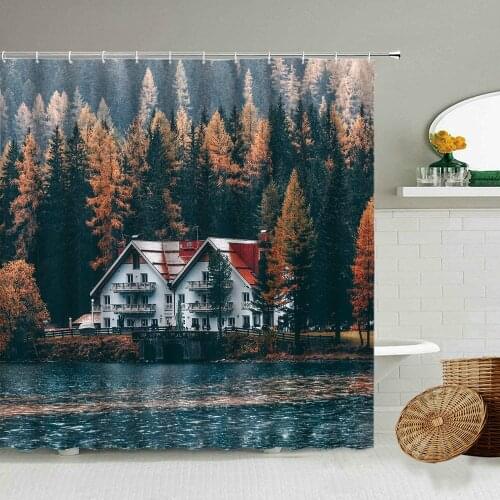 Forest Villa Wooden House Architecture Shower Curtain Landscape Natural Scenery Bathroom Blackout Waterproof Polyester Curtains