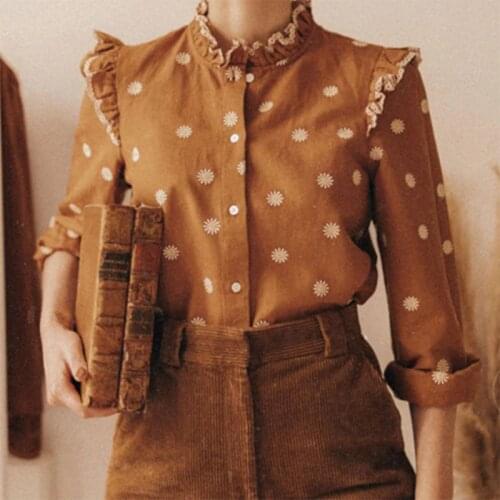 Embroidery Floral Blouse Women Ruffled Lantern Sleeve Patchwork Lace Chic Elegant Shirt Vintage Casual chemisier femme Shirts