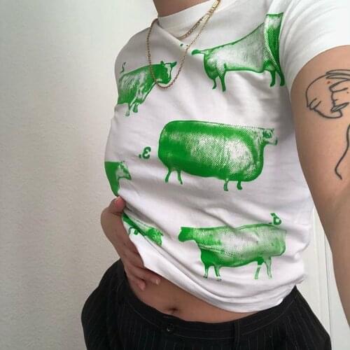 2021 Fashion Trend Cow Print T-Shirt Women Short Sleeve O Neck Slim Fit Crop Top Summer Casual Funny Cute Short Tops Streetwear
