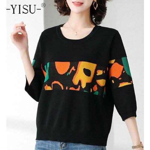 YISU 2021New Ice silk Womens sweater O-Neck Stitching Printing Long sleeves Jumper Female Casual Loose Thin Knitted pullover