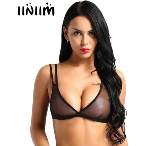Womens Lingerie See Through Mesh Bra Sleeveless Deep V Neckline Wire-free No Pad Bra Top Breathable Seamless Bralette Underwear