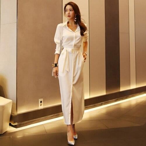 Office Ladies White Shirts Dress Party Maxi Long Sexy High Split Casual Dresses Women Belted Slim Waist Boyfriend Shirt Dress