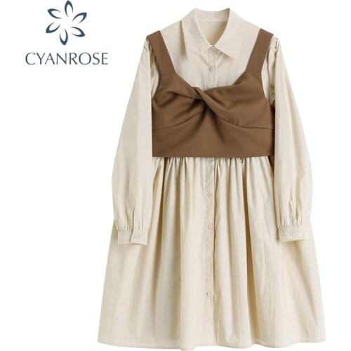 Vest+Shirt Dress Womens Korean Outfits Elegant Vintage Streetwear Mori Girl Sweet Mini Frocks 2021 Summer Loose OL Crop Dresses