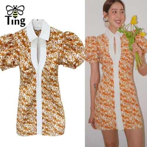 Tingfly Hit Color Patchwork Print Women Dress Lapel Big Puff Sleeve Vintage Dresses Female New Clothing Summer Brand Vestidos ZA