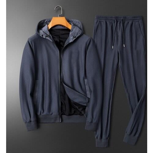 2021 autumn high-end waffle fabric casual sports long-sleeved hooded suit fashion slim standing collar Korean fashion men’s suit