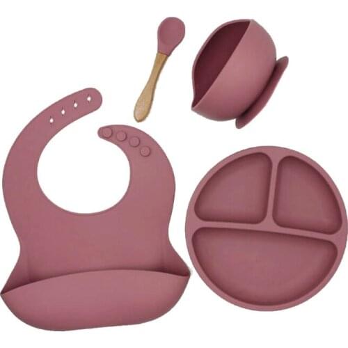 4pcs/set BPA Free Baby Silicone Tableware Waterproof Bib Solid Color Dinner Plate Sucker Bowl And Spoon For Children