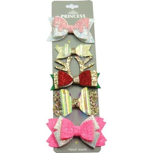 5PCS/SET Pretty Christmas Elk Baby Girls Clips Leather Bow Child Tie Knot Creativity Handmade Hairpins Hair Accessories For Kids