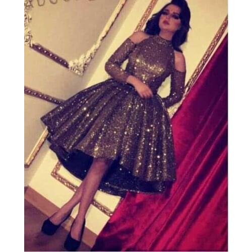 Bling Bling Chocolate Sequin Crystal Ball Gown Short Homecoming Dresses High Low Long Sleeve Cocktail robe de soiree