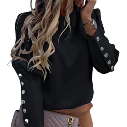 Elegant New Puff Shoulder Blouse Shirts Office Lady Autumn Metal Buttoned Detail Blouses Women Long Sleeve Tops