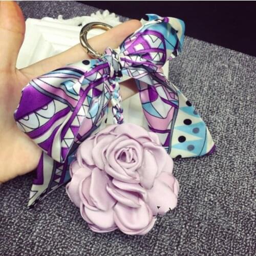 Camellia Rose Keychain Women Romantic Bag Pendant Charm Silk Scarves Fur Pompoms Flowers Key Chain Buckle Key Ring Holder F65
