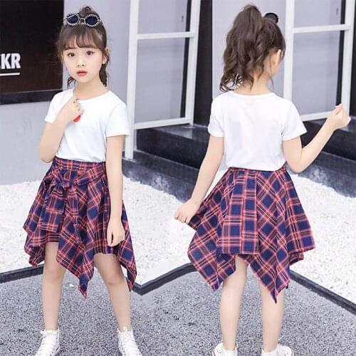 Kids 2019 New Clothes Set 2 Pcs Girls Sweet Heart T-Shirt + Plaid Skirt Children Girls Casual Sports Outfit Teenager