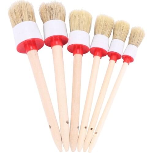 Natural Boar Hair Detail Brushs(Set of 6), Detailing Brush Set for Cleaning Weels, Interior, Exterior, Leather