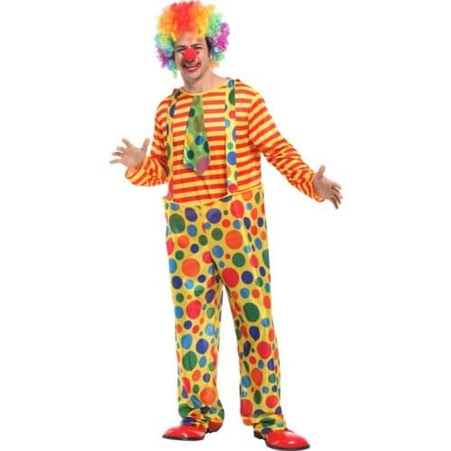 Adult Men Polka Dot Clown Costume with Steel Ring Halloween Purim Party Carnival New Year Masquerade Cosplay Outfit