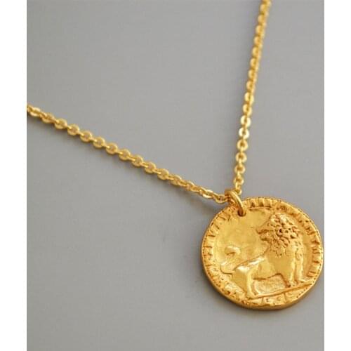 French style small classical relief gold coin brave little lion brass retro Gold Pendant Necklace