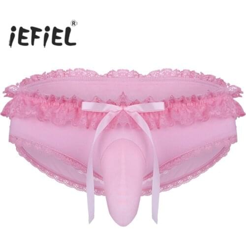 Mens Lingerie Gay Male Sexy Panties Frilly Lace Low Rise Sissy Bulge Pouch Cross-dress Bikini Briefs Underwear Jockstraps