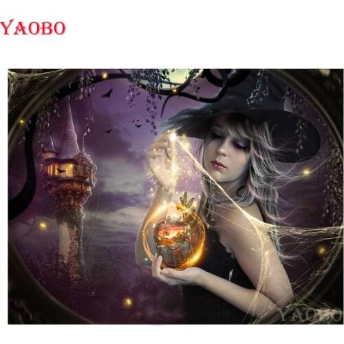 Full Drill Square 5d DIY Diamond Painting Magic witch Diamond Embroidery Halloween moon Night Diamond Mosaic Kits wall stickers