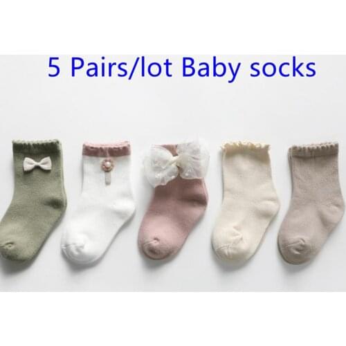 5 Pairs/lot Spring Autumn New Bow Lace Baby Socks Soft Cotton Breathable Keep Warm Floor Anti-skid Girls Socks 0-8 Years Old