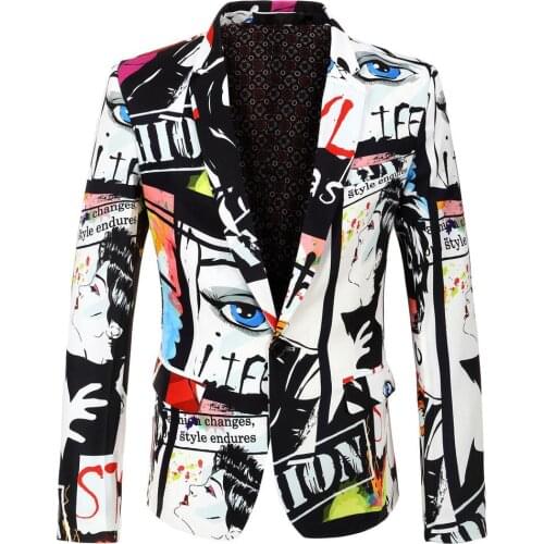 New white mens fashion print blazer design plus size hip hot casual male slim fit suit jacket singer costume colorful coat