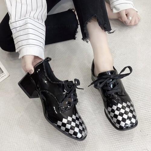 Autumn Winter Casual Shoes Woman Flats Leather Oxford Shoes for Women Plaid Lace Up Square Mid Heels Toe Ladies Shoes Plus Size