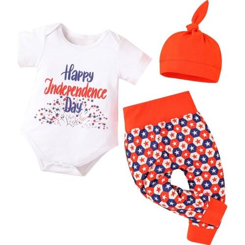 Baby Girls Independence Day Casual Set, Round Collar Short Sleeve Romper Pants Cap