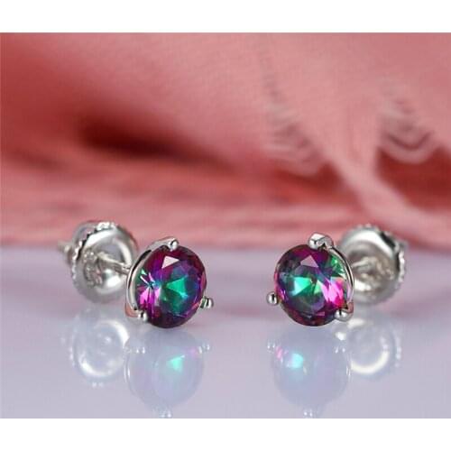 Luxury Female 6/7/8mm Rainbow Stone Earrings Real 925 Sterling Silver Earrings For Women Small Screw Stud Earrings