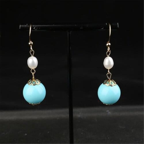 A pair 12MM Turquoise Pearl Gemstone Earrings 18K Ear hook jewelry Mesmerizing Fashion Accessories Handmade Aurora Beautiful