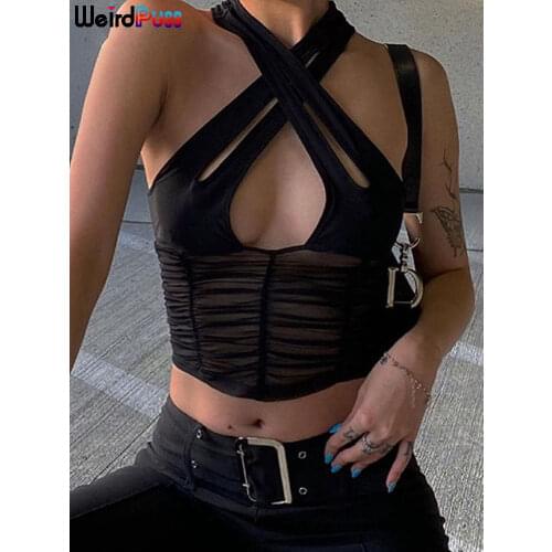 Weird Puss Y2K Sexy Hollow Women Halter Tank Tops Sleeveless Ruched Patchwork Mesh Camisole Clubwear Fashion Solid Vest Outfit