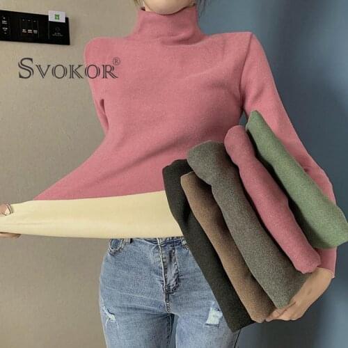 SVOKOR Winter Padded Warm Top Ladies Knitted Slim Fit Shirt Long-Sleeved Top Bottom Female Half High Collar Outer Wear Warm Top