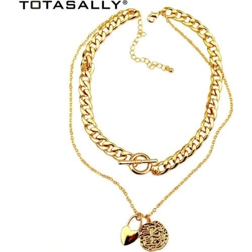 TOTASALLY Women Collar Necklace Double Chain Choker Necklace Heart Lock Round coin Pendant Female False Necklaces Gifts Dropship