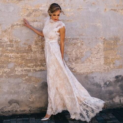 Vintage Champagne Lace Bohemian Wedding Dress A Line Cap Sleeve Sexy Backless Bridal Gown 2021