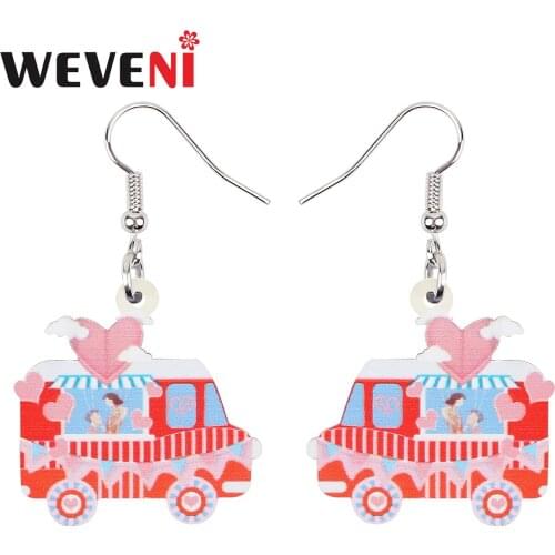 WEVENI Valentines Day Acrylic Pink Heart Balloon Car Truck Earrings Long Drop Dangle Fashion Charm Gifts Jewelry For Women Girl