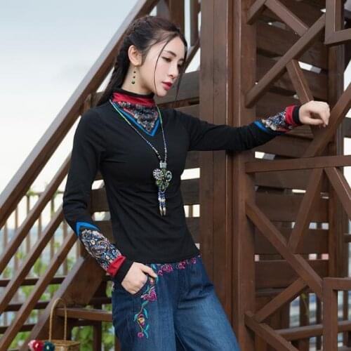 Plus size women clothing female autumn Mexico style bohemian vintage long sleeve turtleneck black embroidery tribe shirt AF554