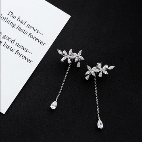 New Fashion Women Korean TV Star Cute Zircon Flower Drop Earrings Elegant Water Drop Long Line Pendientes Jewelry Girl Gifts
