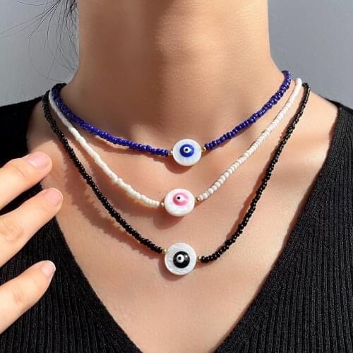 Bohemian Colorful Round Evil Eye Beaded Necklace For Women Candy Color Acrylic Seed Bead Strand Choker O-chain Fashion Jewelry