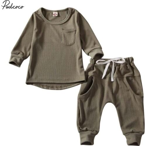 2020 Baby Spring Autumn Clothing Newborn Infant Kids Baby Boy Girl Solid Ribbed Outfits Long Sleeve T-shirts Tops+Pants 2pcs Set