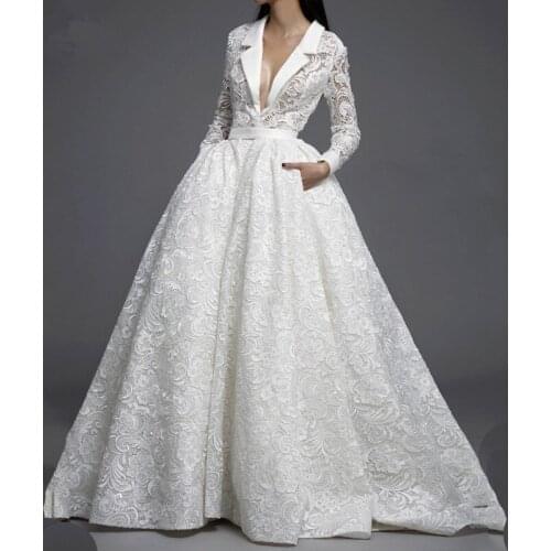 2020 Vintage White Muslim Lace Evening Dresses V-neck Long Sleeves Formal Dresses Kaftan Saudi Arabic Long robe de soriee