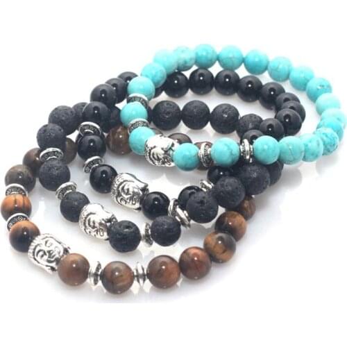 8mm Tiger Eye Natural Stone Beads Fatima Hand Hamsa Stretch Elastic Mens Bracelet