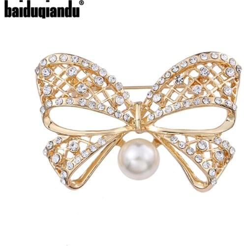 Baiduqiandu Gold Color Bowknot Brooches Pins For Women Clear Rhinestone Pearl Alloy Jewelry Suits For Shirt Collar Hat