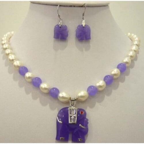 White pearl purple Natural Stone elephant pendant necklace earring set
