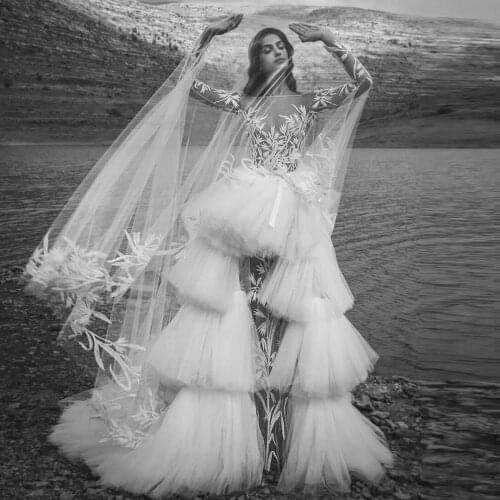 Exclusive Lace Mermaid Wedding Bridal Dresses With Ruffles Tulle Detachable Train See Thru 2 Pieces Sexy Long Women Dresses