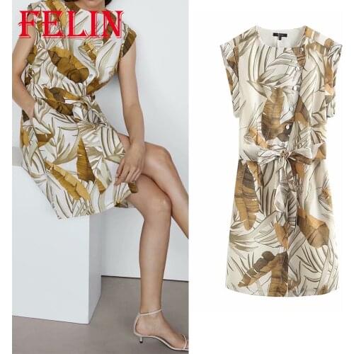 FELIN Za 2021 Chic Vintage Leaf Print Elegant Mini Dress Women Sleeveless O Neck Linen Office Wear Dress Summer Stylish Vestidos